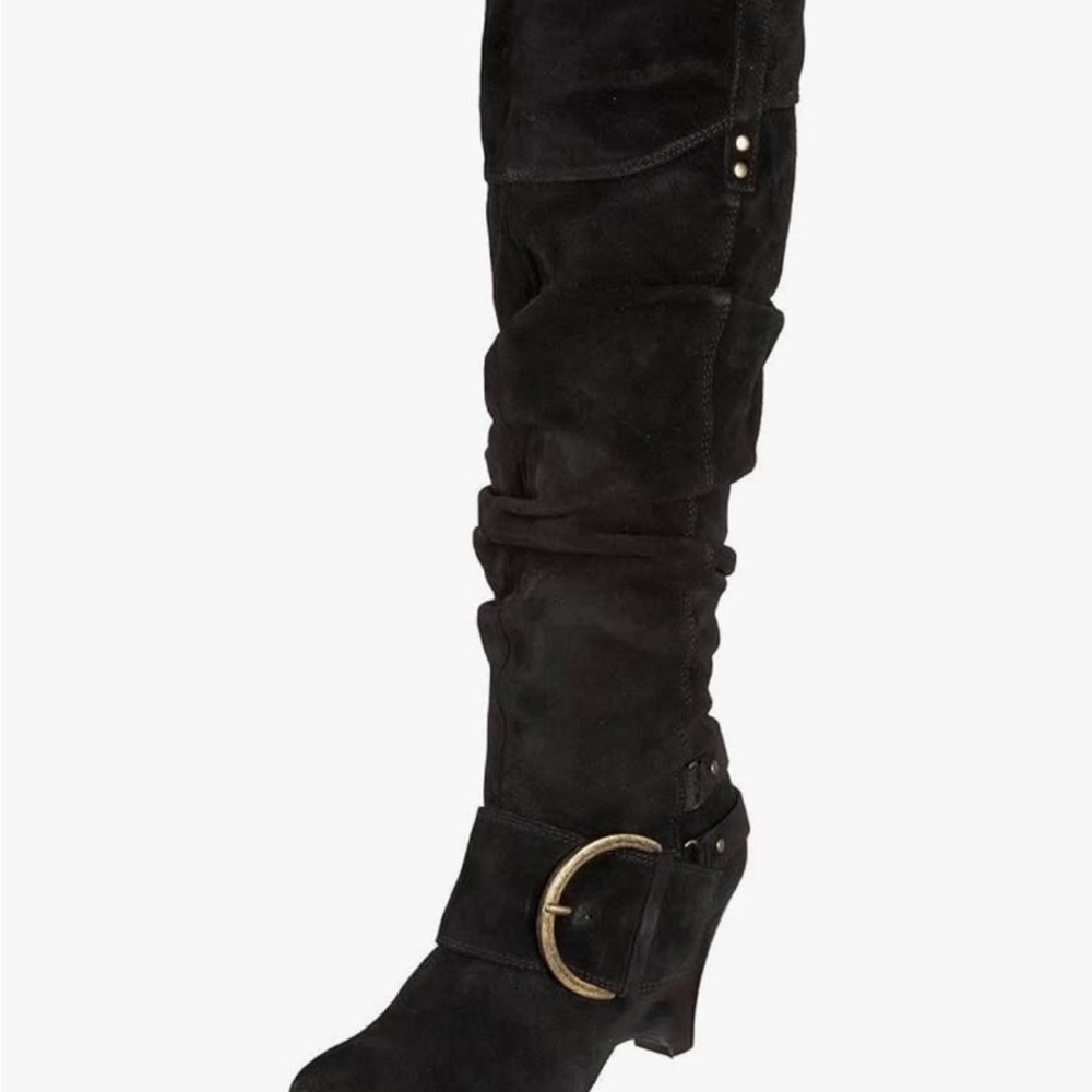 Black Suede NAUGHTY MONKEY Boots with Slouchy Shaft and Gold Buckle